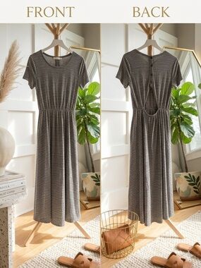 LUSH Heather Gray Striped Short-Sleeve Midi Cut-Out Back Dress